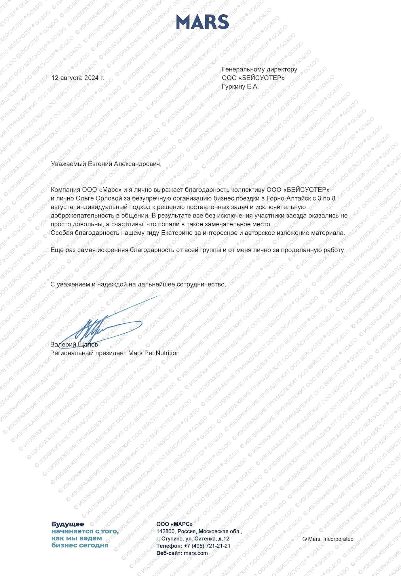 Благодарность ООО БЕЙСУОТЕР